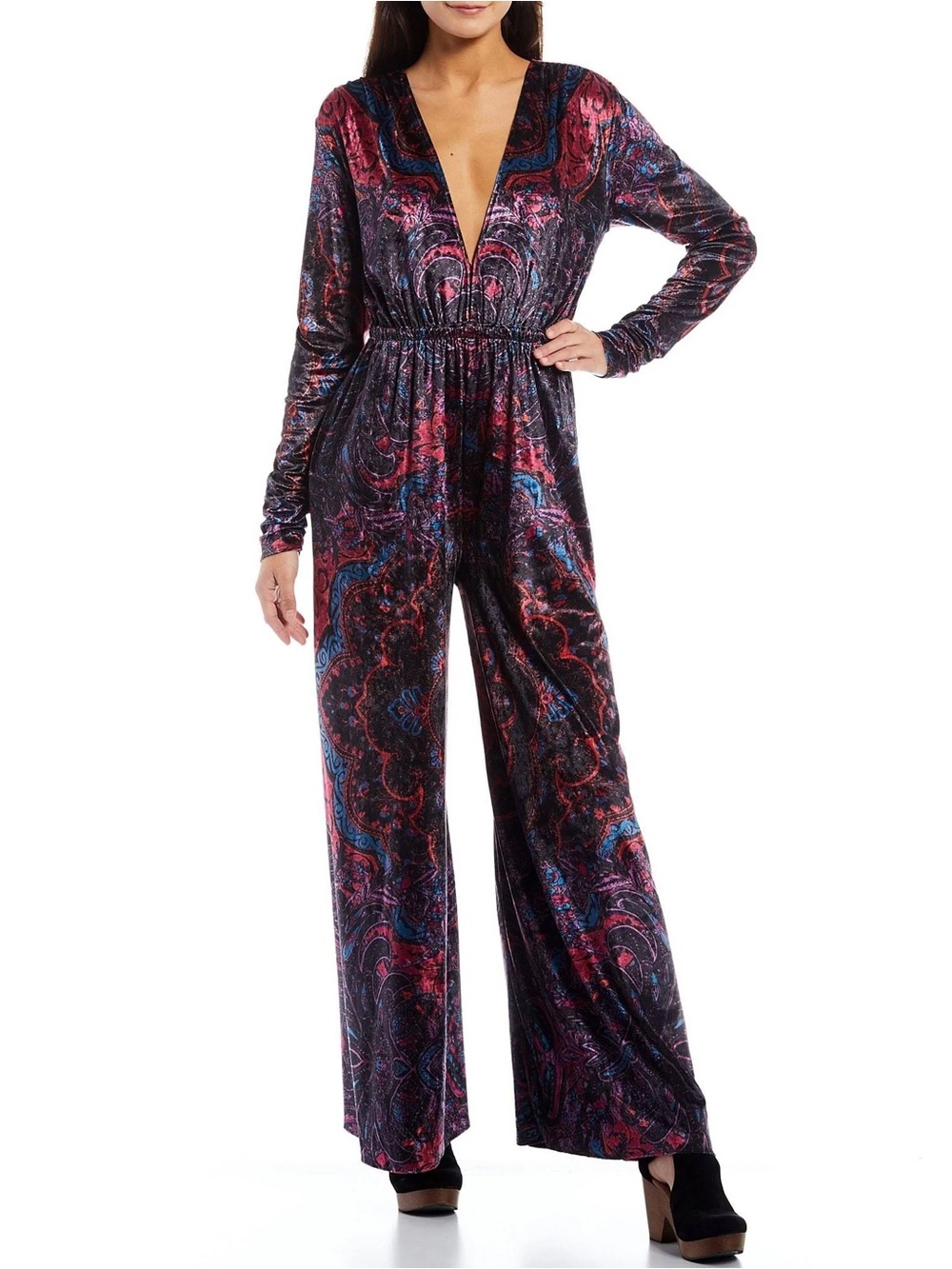Free People Giselle Print Velvet Jumpsuit - Dark Combo Small